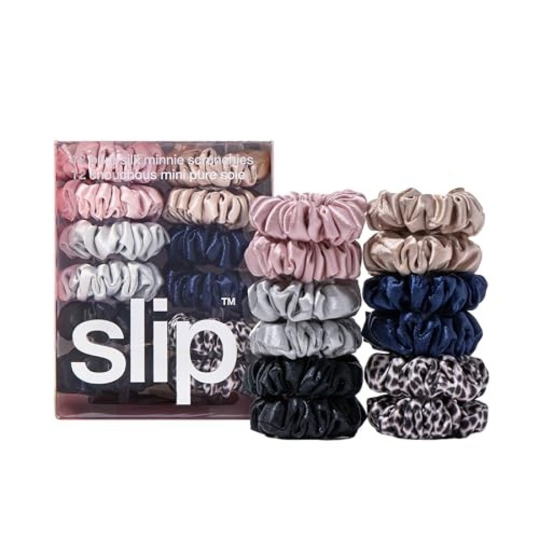 SLIP 100 Pure 22 Momme Mulberry Silk Minnie Scrunchies Classic Set of 12 in Pink Caramel Silver Navy Leopard Black