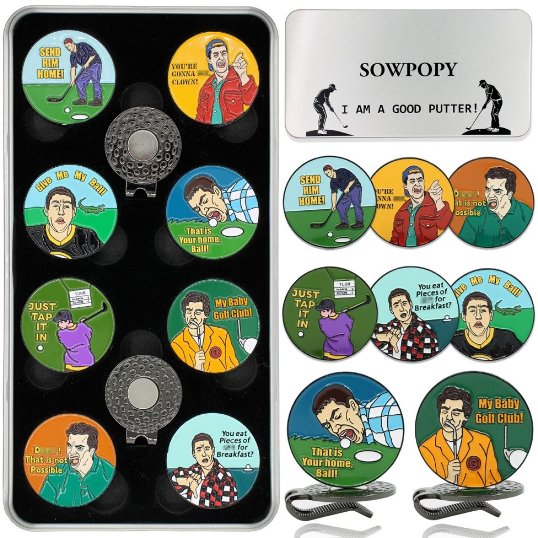 SOWPOPY Funny Golf Ball Marker Golf Gifts for Men, Magnetic Ball Markers Golf Hat Clip Cool Golf Accessories for Golfers, (8 Markers &amp; 2 Hat Clips)