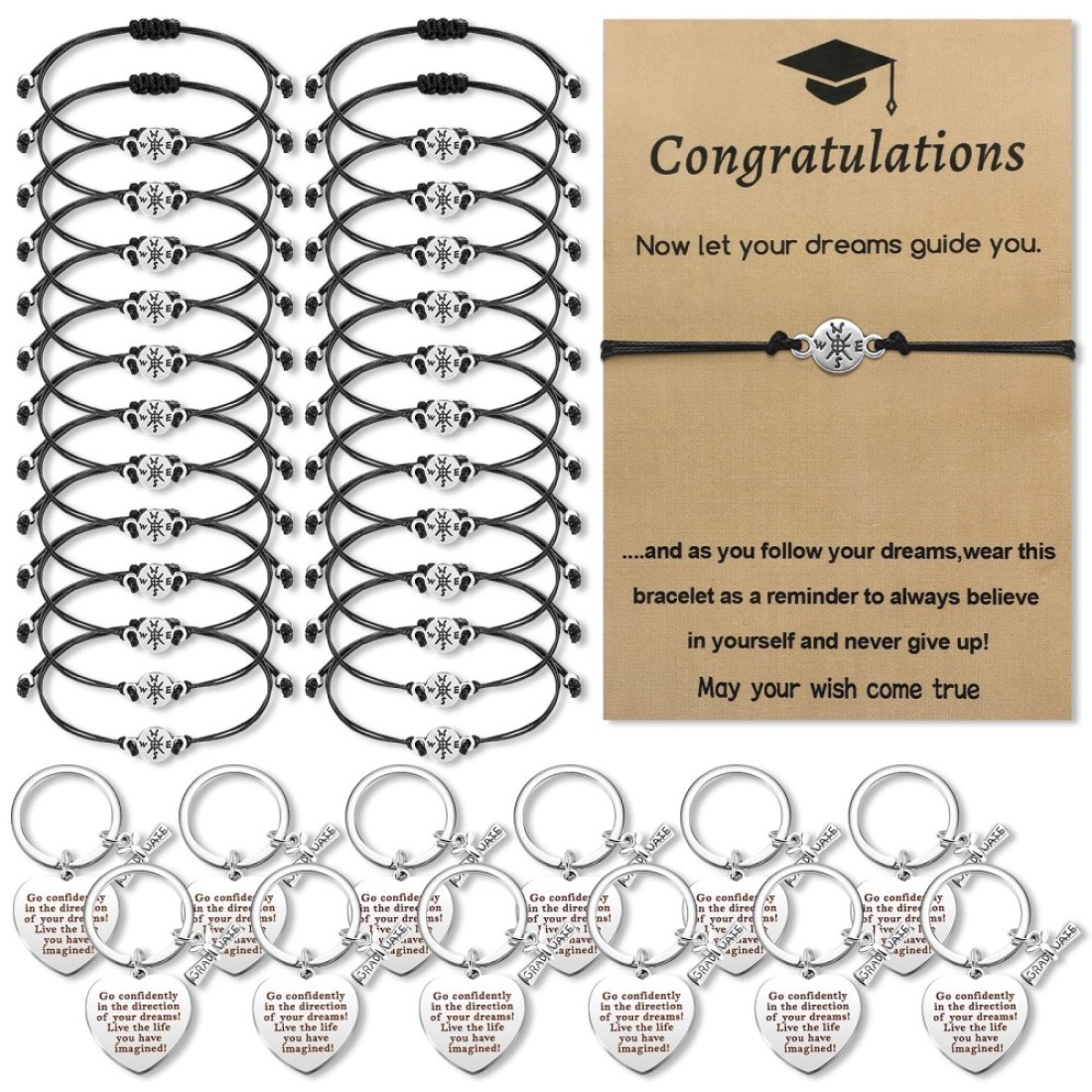 Sureio 48 Pcs 2025 Graduation Gifts Bulk Set Graduation Bracelets Graduation Keychain Graduation Inspirational Gift for Men Women (Classic)