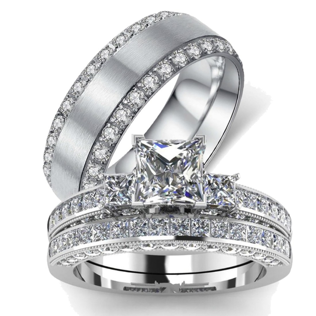 Two Rings His Hers Wedding Ring Sets Couples Matching Rings Women&#39;s 2pc White Gold Filled Square CZ Wedding Engagement Ring Bridal Sets &amp; Men&#39;s Titanium Wedding Band