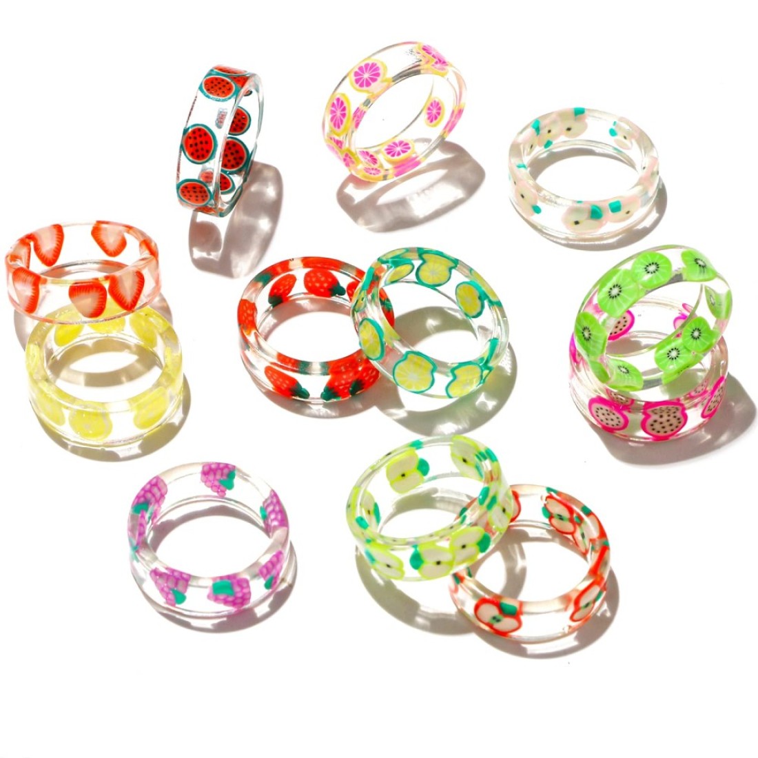 12 Pieces Resin Fruit Rings Set Indie Rings Asthetic Rings Summer Colorful Transparent Plastic Acrylic Rings Cute Strawberry Kiwi Lemon Apple Grape Pitaya Grapefruit Orange Watermelon Rings for Women