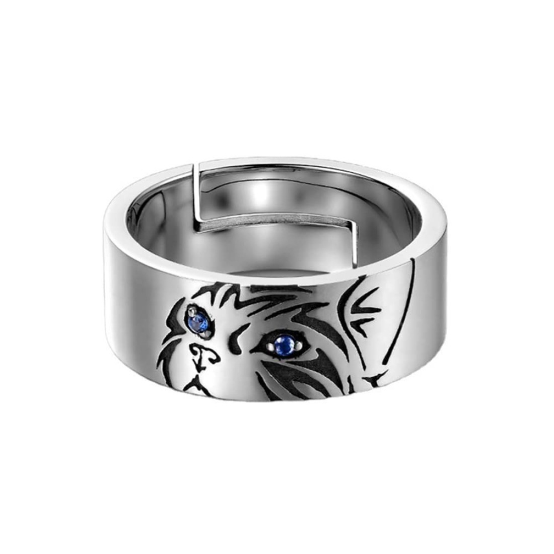 Blue CZ Eye Cat Wide Band Ring Lovely Animal Statement Open Ring for Men Women Adjustable Knuckle Middle Finger Cute Fashion Gifts for Pet Lover Birthday Christmas Bff Personalized Jewelry Comfort Fit