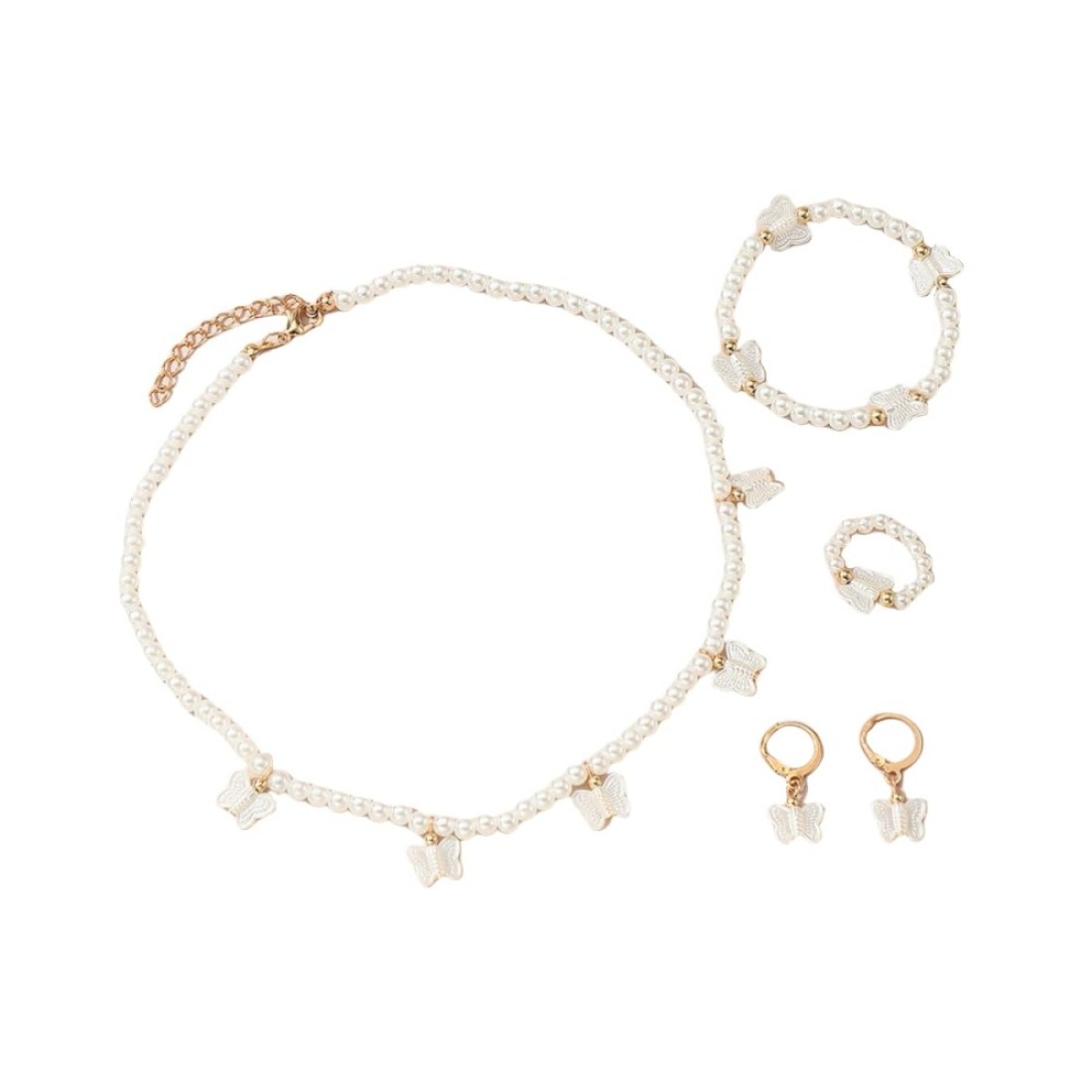 MMIUAEG 4Pcs Imitation Pearl Necklace Bracelet Earrings Ring Set Round White Pearl Necklace Earrings Set Wedding Decors Butterfly Heart Costume Jewelry for Women Brides-Butterfly
