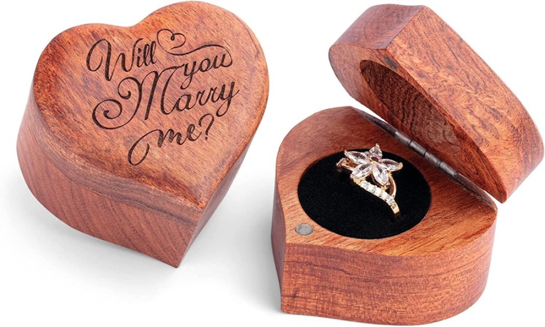 MONYCraft Ring Box Heart Handmade Wooden Ring Box for Proposal Engagement Ring Box Wood Unique Proposal Ring Box Engraved With Will you marry me Heart Shape Ring Box