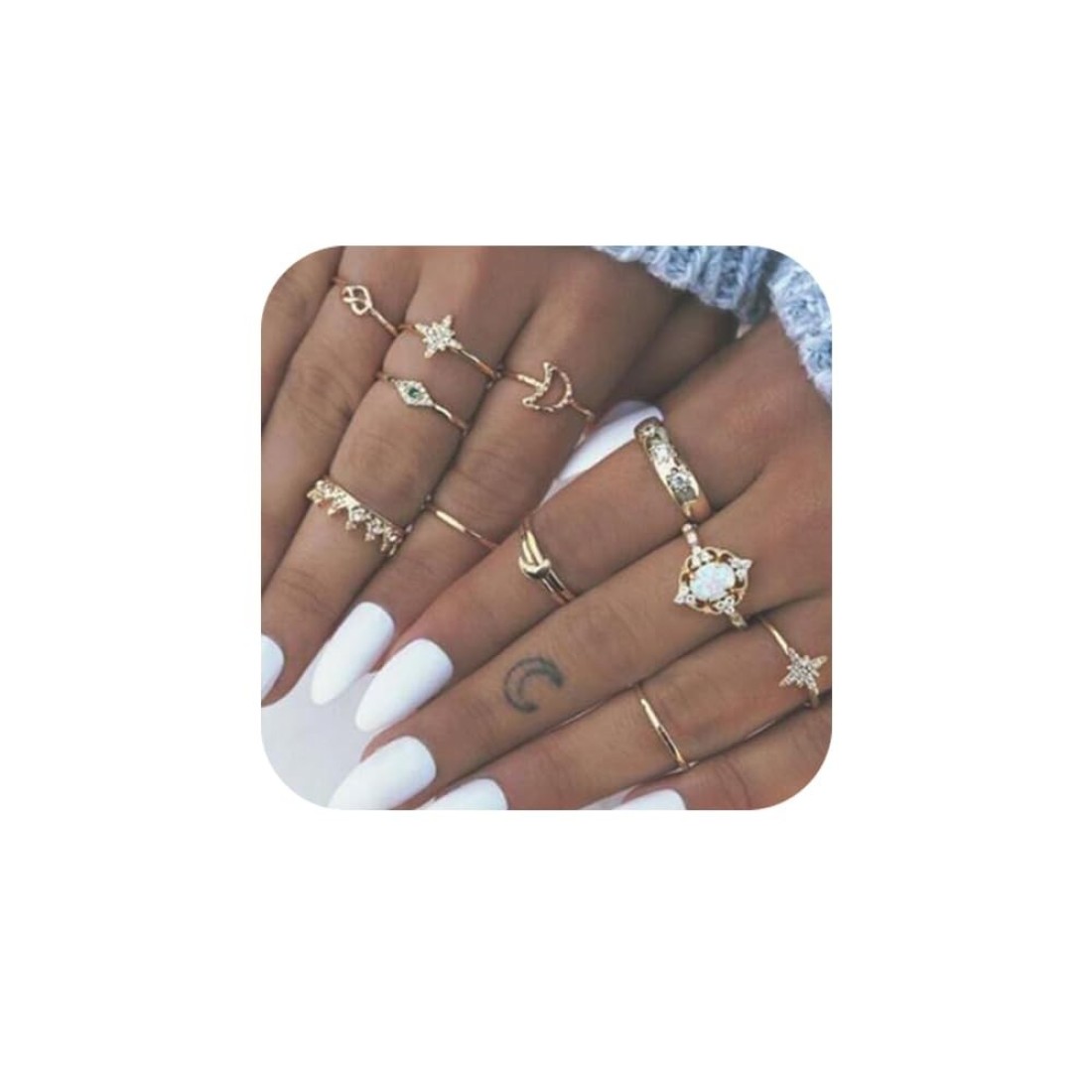Missgrace Vintage Boho Rings Crystal Rhinestones Joint Knuckle Stackable Ring Set with Cresent Punk Snake Stacking Midi Finger Rings for Women (Style 9)