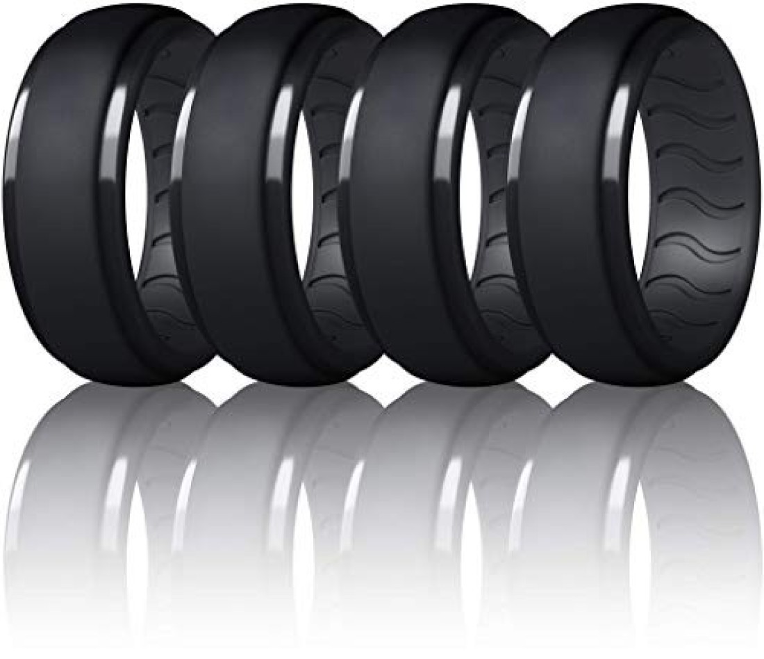 Dookeh Breathable Silicone Wedding Rings for Men - Skin Safe Mens Rubber Wedding Bands - Improved Design for Crossfit Workout Swimming Firefighters Military (All Black, Size 10)