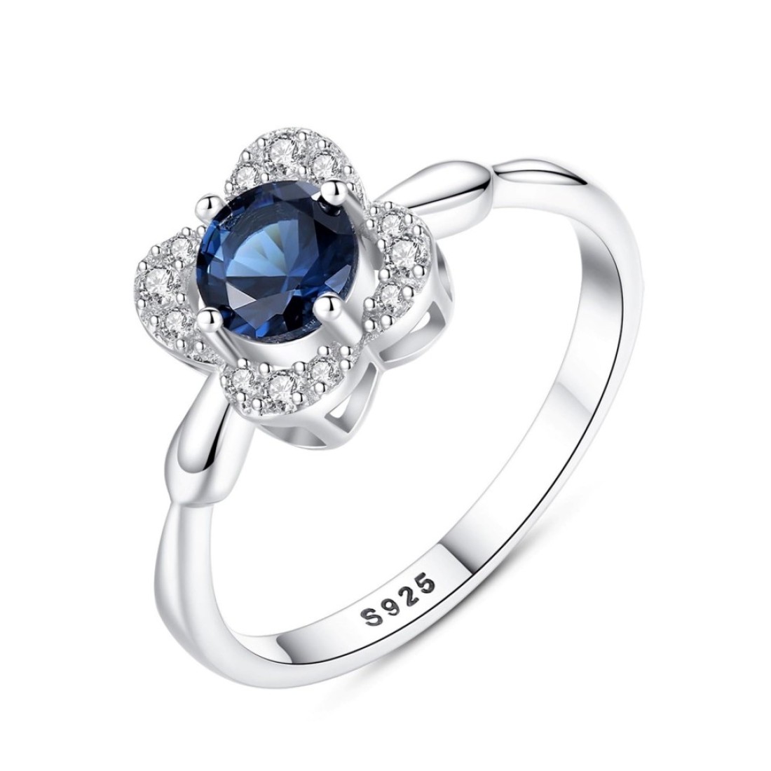 Bellitia Jewelry Sri Lankan Blue Sapphire &amp; CZ Diamond Flower Women Ring 925 Sterling Silver Rhodium Plated Promise Engagement Zirconia Ring for Her Valentine&#39;s Day Size 6