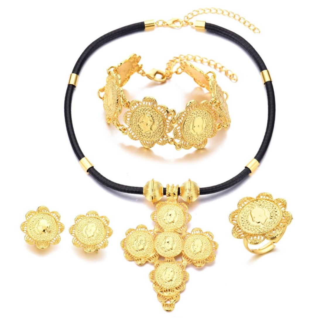 Sajayea Ethiopian Jewelry for Women Set Ethiopia Coins Jewelry with Black Rope African Wedding Engagement Gift