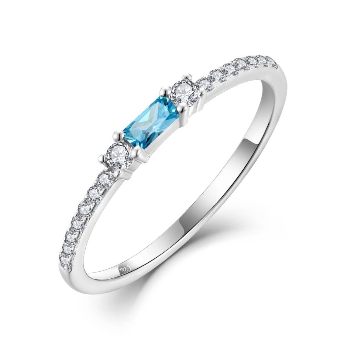 Veshon 925 Sterling Silver Baguette Blue Aquamarine Rings for Women Thin Stackable Birthstone Promise Rings Half Eternity Halo Cubic Zirconia Wedding Band Rings for Her Size 8