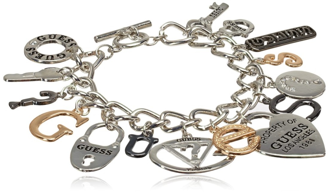GUESS &quot;Basic Mixed Metal Logo Charm Toggle Charm Bracelet