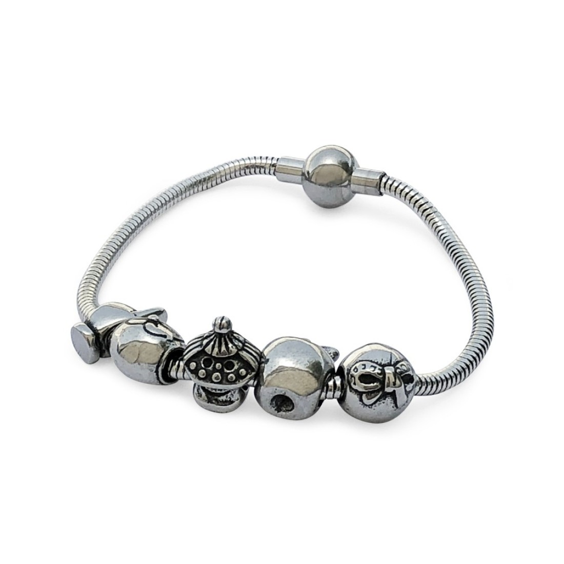 AIWANTO Pandora Style Beads Bracelet | European Style Stainless Steel Snake Chain Charm Bracelet with Snap Clasp for Women Ladies