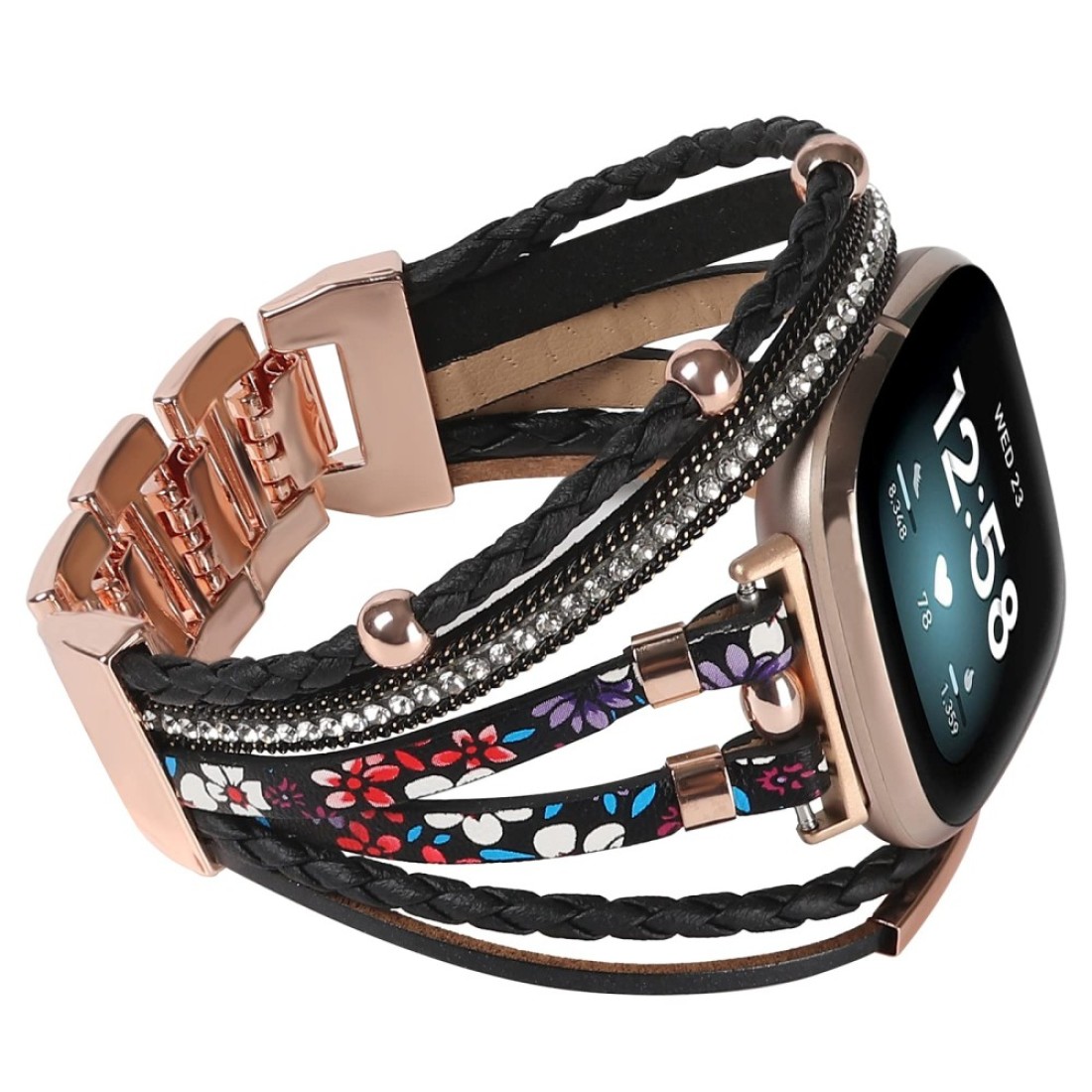 Posh Leather Bands Compatible with Fitbit Versa 3/Fitbit Sense, Women Boho Stylish Multilayer Wrap Bracelets Wristband, Handmade Adjustable Jewelry Strap for Sense/Versa 3 Smart Watch (Black Flower)