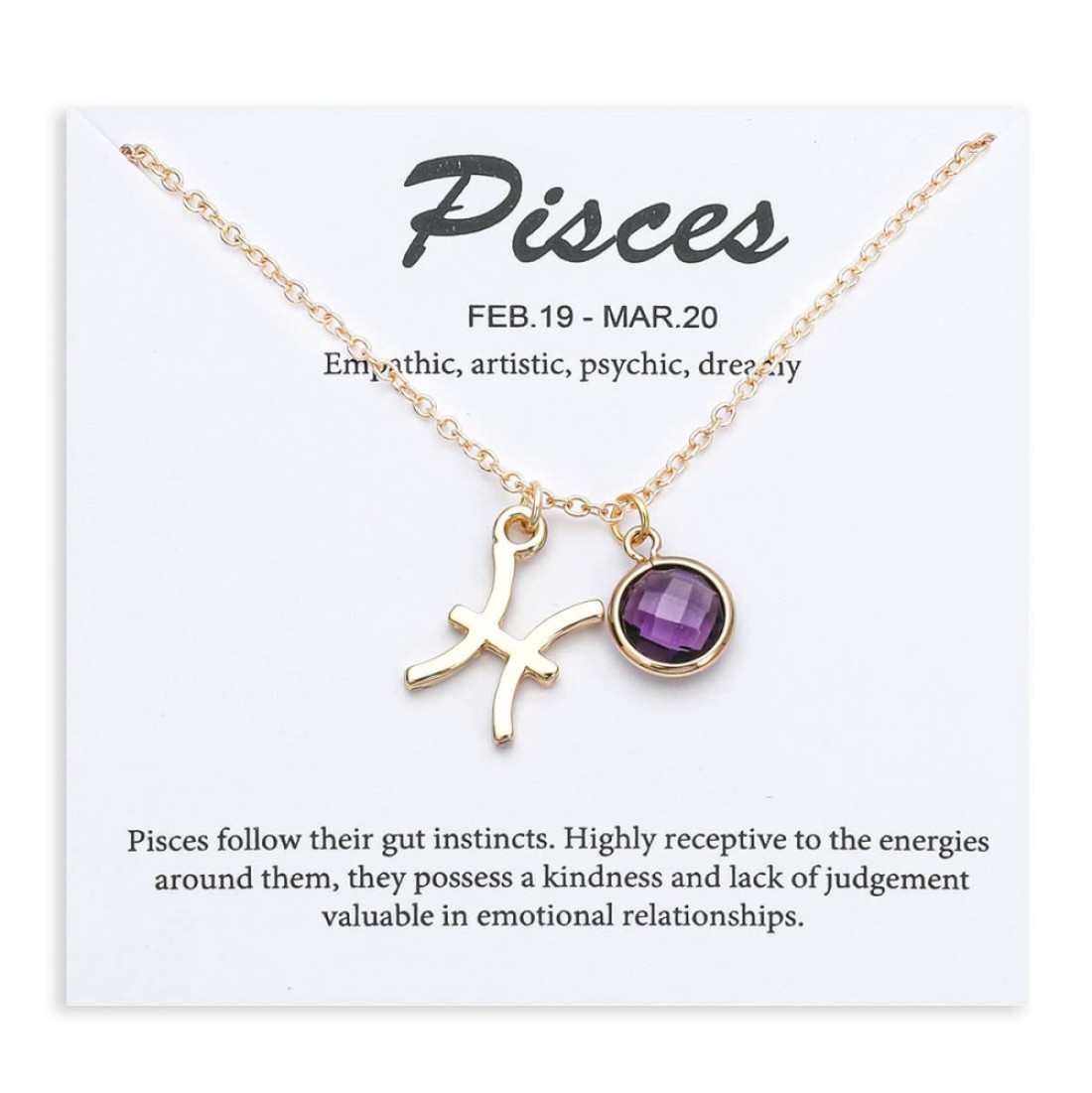 TGOLM 14k Gold Plated Pisces Sign February Birthstone Created-amethyst Crystal Necklace for Women Birthday Gift