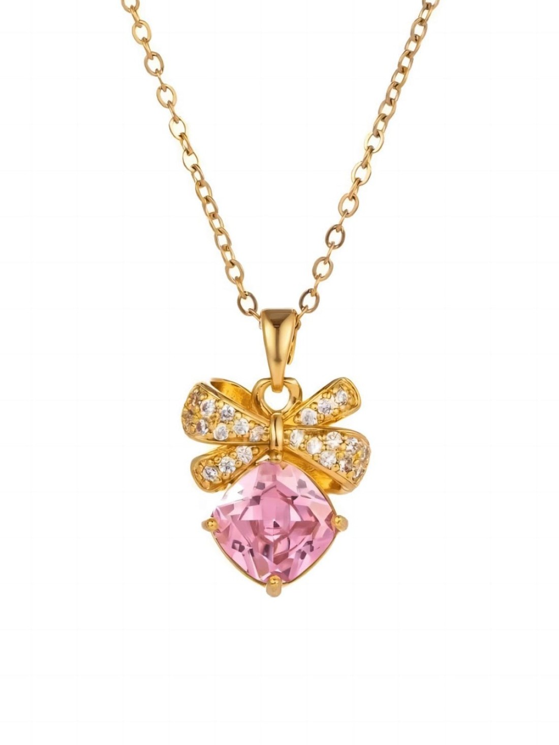 WUFENGJING 18K Gold Plating Bowknot Zircon Love Necklace 2023 New Versatile Necklace For Women Girls, Pink