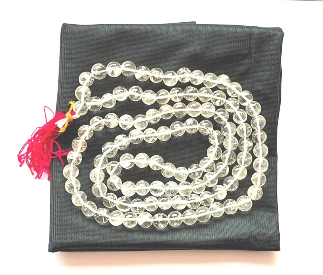 WholesaleGemShop CRYSTAL QUARTZ RARE HIMALAYAN ICE NIRVANA QUARTZ 8 MM 108 BEADS PRAYER JAPA MALA NECKLACE