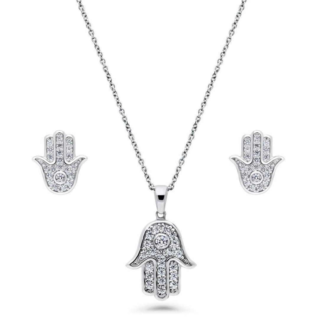 BERRICLE Sterling Silver Hamsa Hand Cubic Zirconia CZ Fashion Necklace and Earrings Set for Women, Rhodium Plated