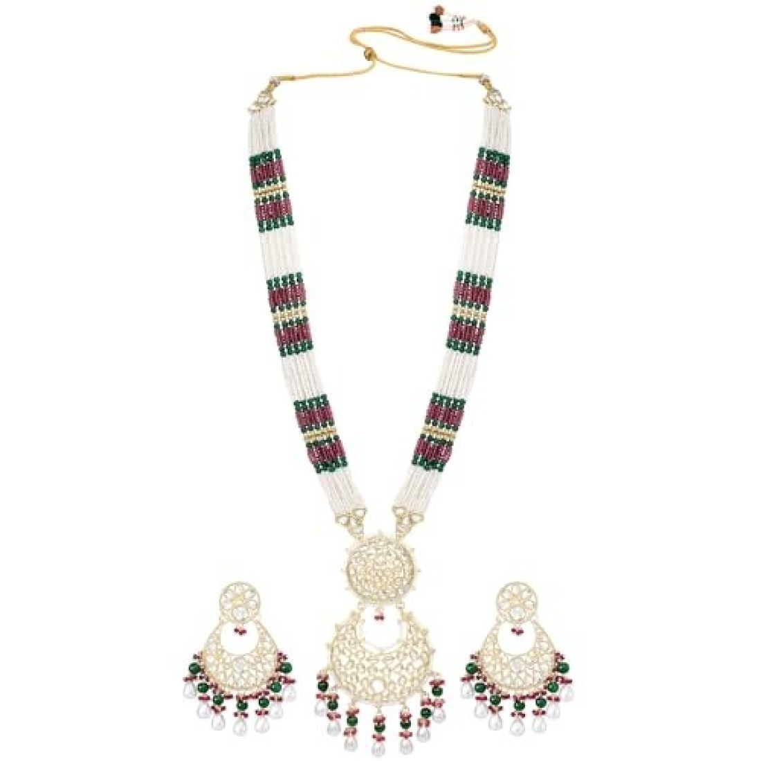 Aheli Gold Plated Rani Pink &amp; Green Kundan Beads Studded Long Necklace &amp; Dangle Earrings Set Ethnic Traditional Jewelry Gift for Women