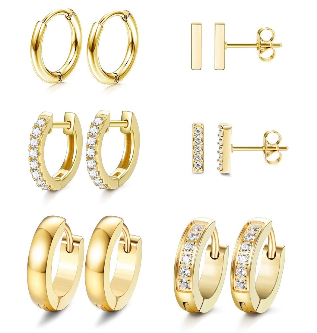 JOERICA 6 Pairs Hoop Huggie Earrings for Women Minimalist Cuff Mini Bar Stud Earrings Gold Silver Cubic Zirconia Small Ear Piercing Set (Gold)