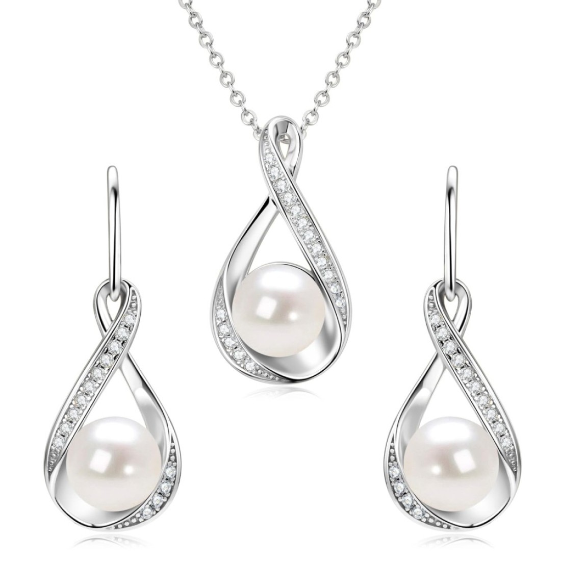 DENGGUANG Sterling Silver Pearl Jewelry Set with Moissanite, Real Freshwater Pearl Earrings Necklace for Women, Wedding Jewelry for Brides Bridesmaid, Mother&#39;s Day