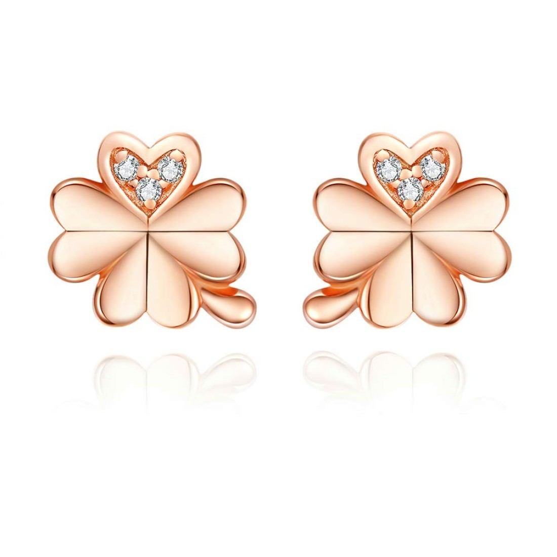 CZ Clover Cubic Zirconia 14K Rose Gold Flower Stud Earrings for Women 925 Sterling Silver Crystal Inlay Love Knot Heart Shaped 4 Leaf Clover Tragus Post Pin Hypoallergenic Earring Dainty Jewelry