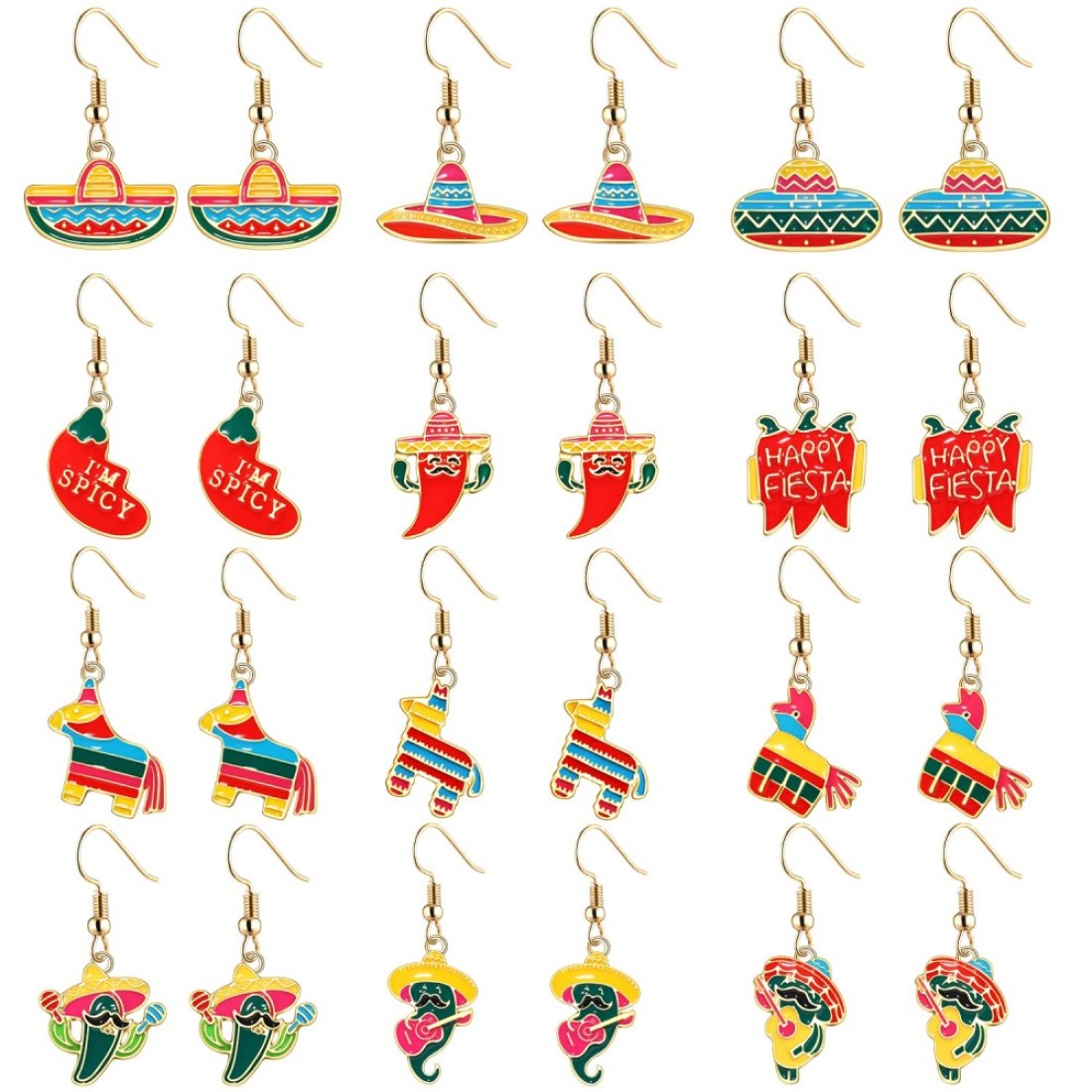 12 Pairs Mexican Earrings for Women Cinco De Mayo Fiesta Earrings Enamel Sombrero Pinata Chili Pepper Cactus Dangle Earrings Mexican Jewelry Holiday Gifts