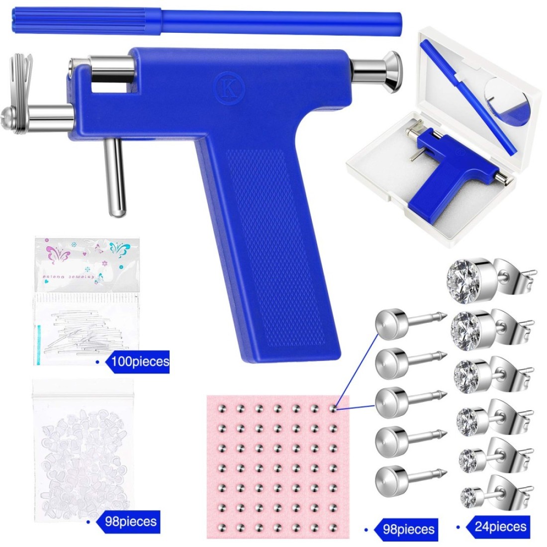 Ear Piercing Kit Stainless Steel Body Ear Piercing Tool Set Ear Nose Navel Piercing Machines with 61 Pairs Stainless Steel Stud Earrings for Salon Home Use (Silver)