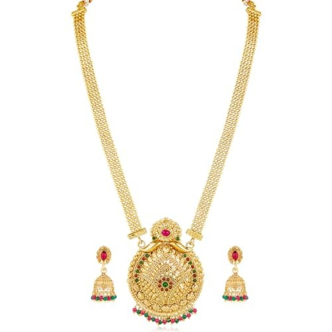 Aheli Gold Plated Rani Pink &amp; Green Synthetic Stone Studded Long Maharani Haar Necklace &amp; Jhumki Earrings Traditional Jewellery Set Gift for Women