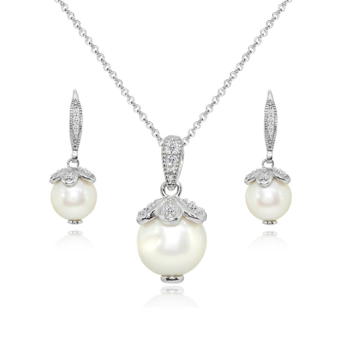 B. BRILLIANT Sterling Silver Simulated Pearl Petals &amp; White Topaz Accents Drop Leverback Earrings and Necklace Jewelry Set for Women Bridesmaids Gift
