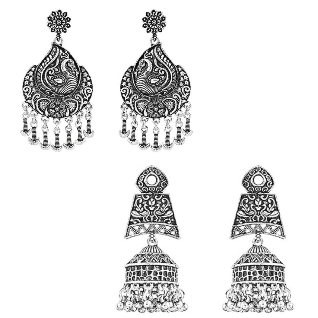 I Jewels Navratri Ethnic Silver Oxidised Afghani Floral &amp; Peacock Design Drop Earrings Combo For Women &amp; Girls (E3137-138CO)