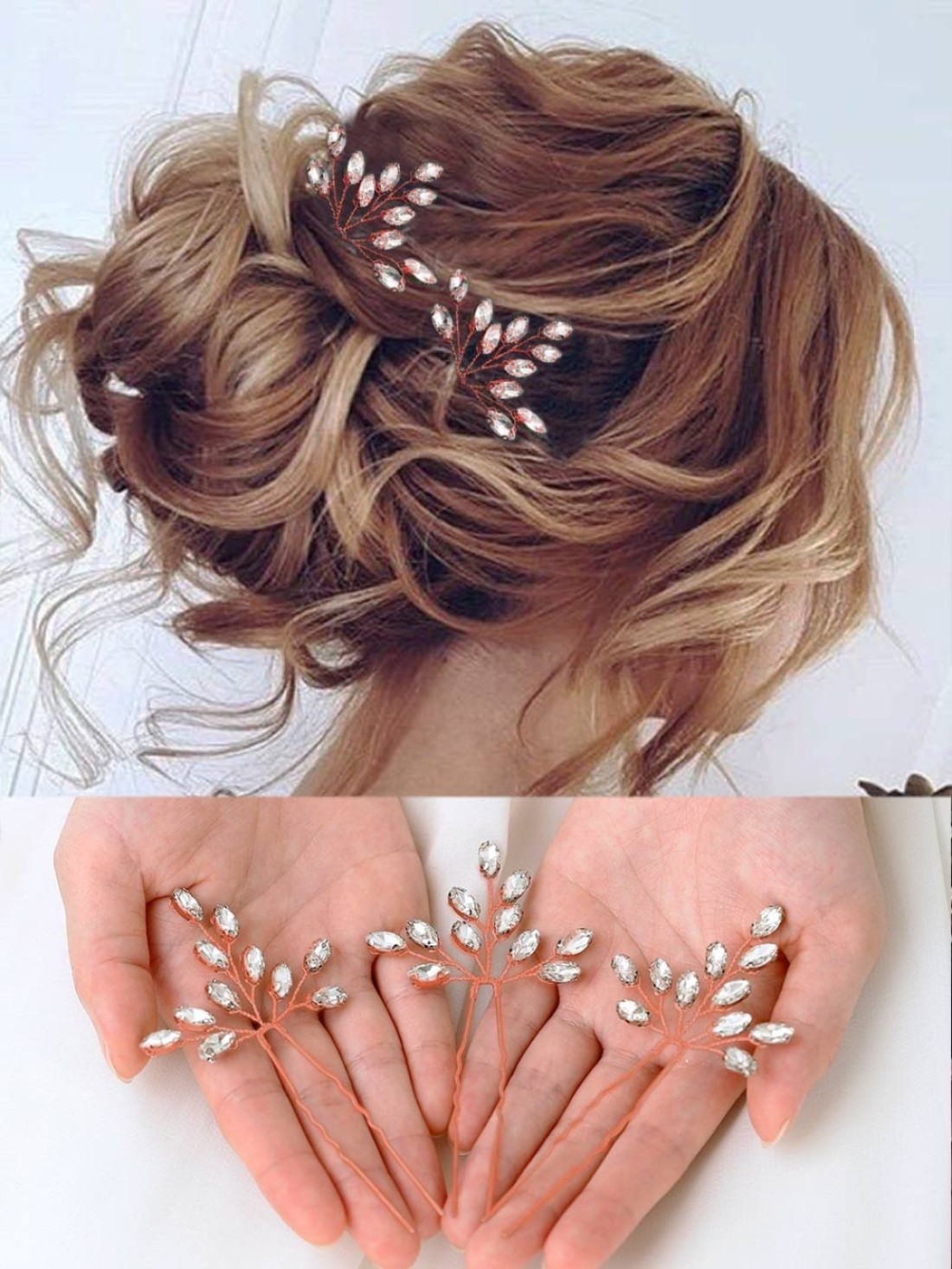 Heread Crystal Bride Wedding Hair Pins Rhinstones Bridal Hair Accessories Head Piece for Women and Girls Pack of 3 B Rose Gold