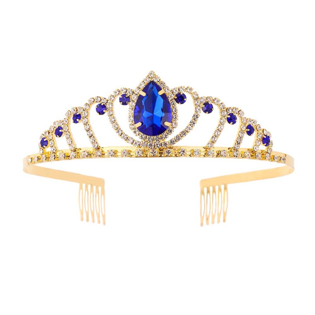 Metal Princess Crown Queen Party Supplies Hair Tiara Gold Crowns with Red Crystal and Side Combs (Blue)