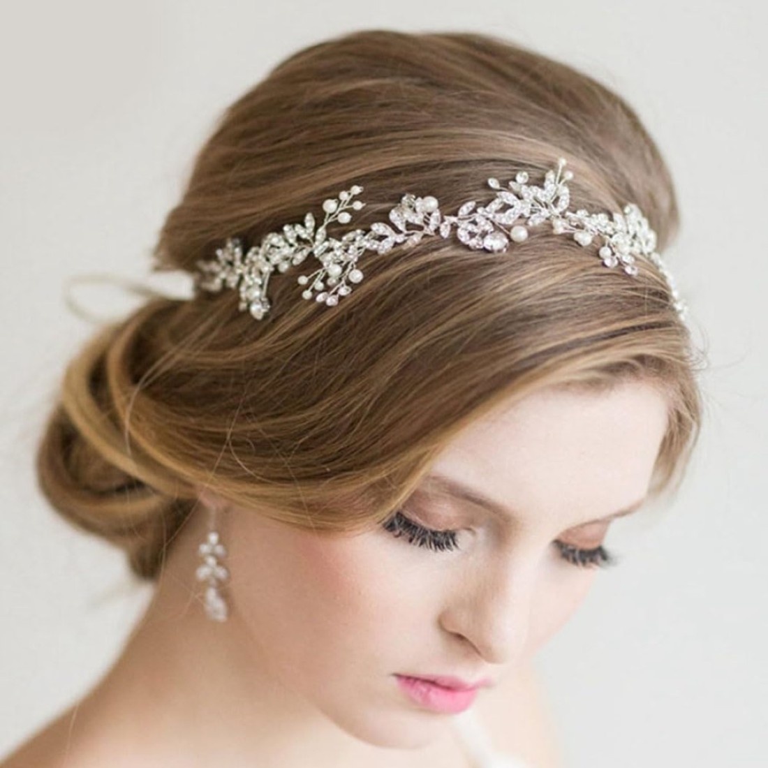 Foyte Crystal Wedding Headband Silver Leaf Head Bands Jewelry Rhinestone Bride Headpiece for Women