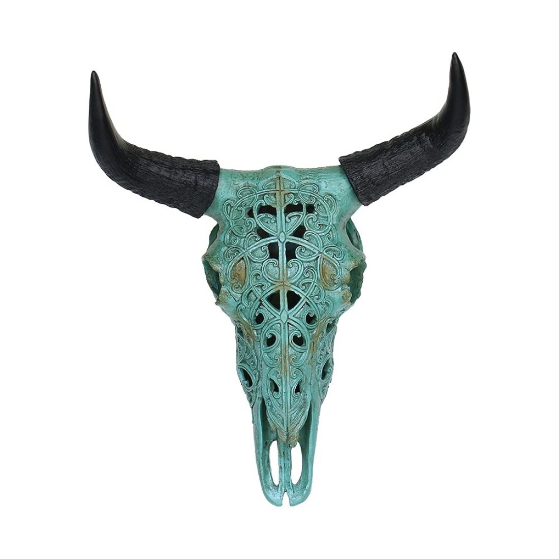 OTARTU Turquoise Tribal Design Carved Steer Skull Wall Hanging Sculpture, Cow Skull 19 Inch Steer Head Bull Skull Wall D&Atilde;&copy;cor (Turquoise)