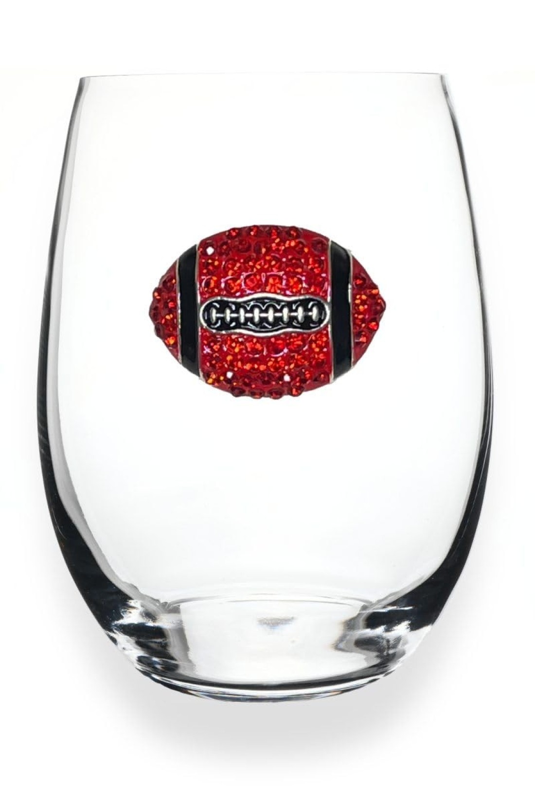 THE QUEENS&#39; JEWELS Football - Red and Black - Jeweled Stemless Wine Glass, 21 oz. - Unique Gift for Women, Birthday, Cute, Fun, Not Painted, Decorated, Bling, Bedazzled, Rhinestone
