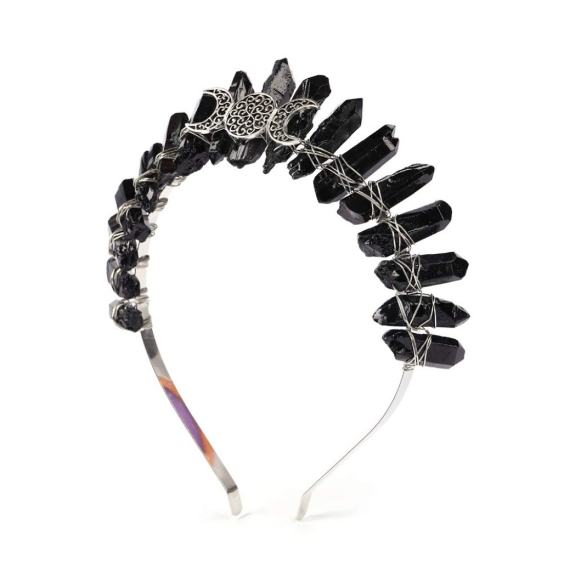 Bubbmi Black Raw Crystal Tiara Crown Headband Natural Quartz Moon Goddess Witch Headpiece for Wiccan Cosplay Party Headwear