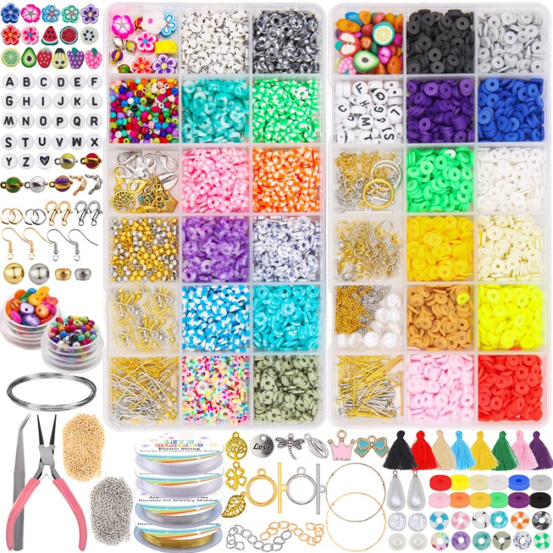 LETS BEADING Flat Round Clay Beads Kit with Pearl Beads Letter Beads Enamel Charms Fruit Beads Tassels Copper Wires Jewelry Findings for Bracelets Necklace Earring Jewelry Making Crafts