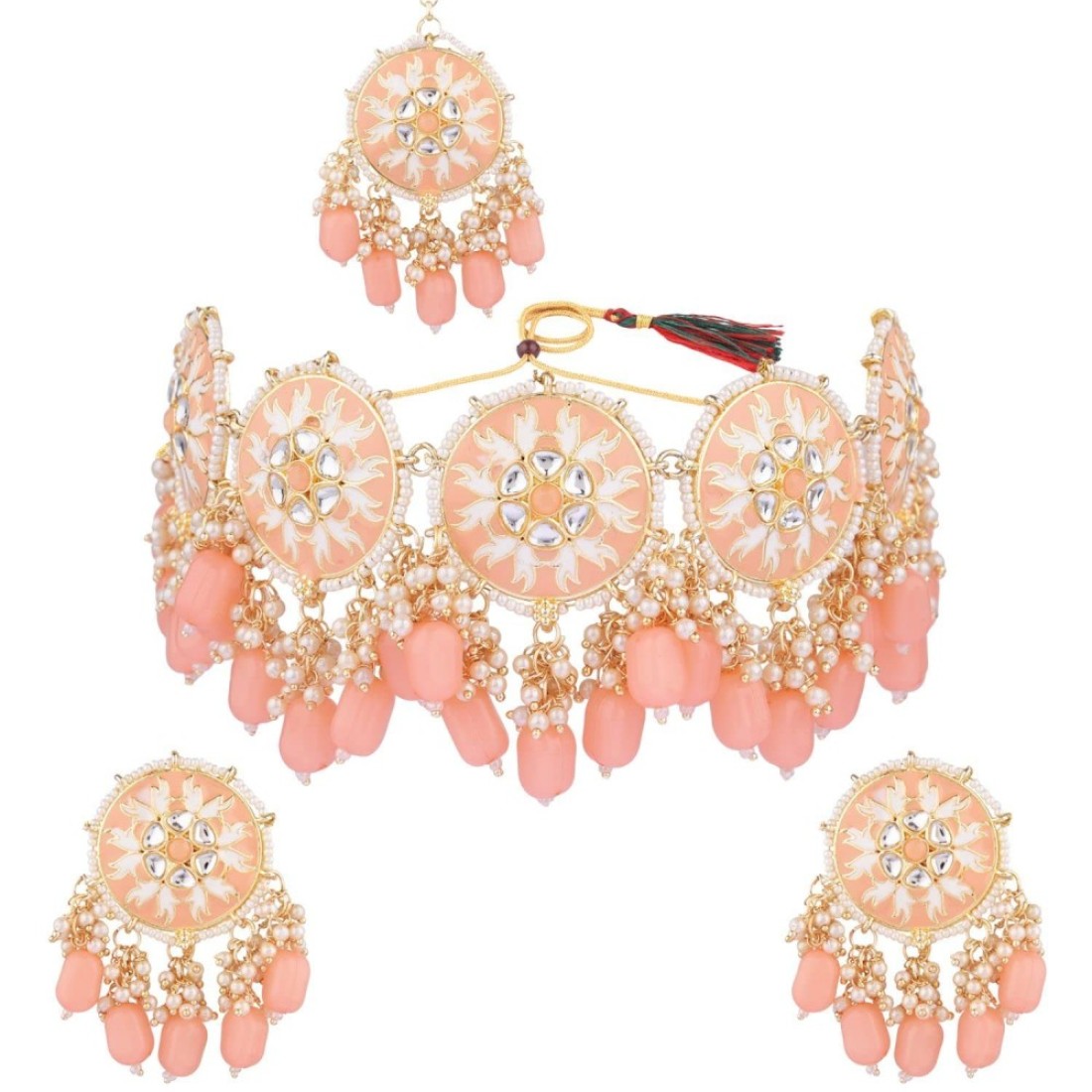 Efulgenz Mothers Day Gift Indian Wedding Jewelry Traditional Kundan Faux Pearl Beads Red Crystal Choker Necklace Round Earrings with Maang Tikka Bridal Set Bollywood Jewelry for Women (Peach Color)