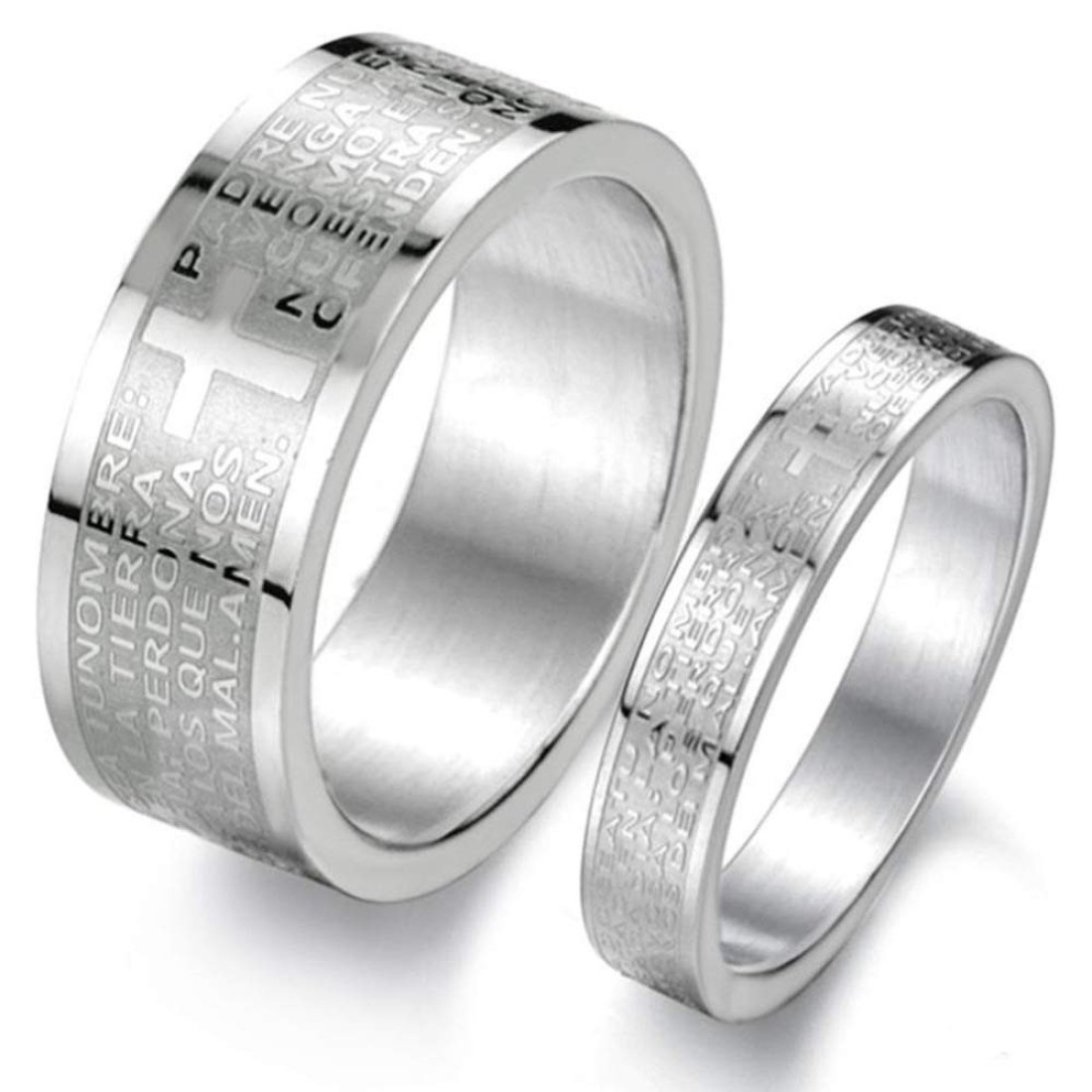 Fashion Month Mens Womens Stainless Steel Vintage Silver Couple Ring Spanish Bible Lords Prayer Cross White Gold Band (The Men&#39;s Ring, 10)