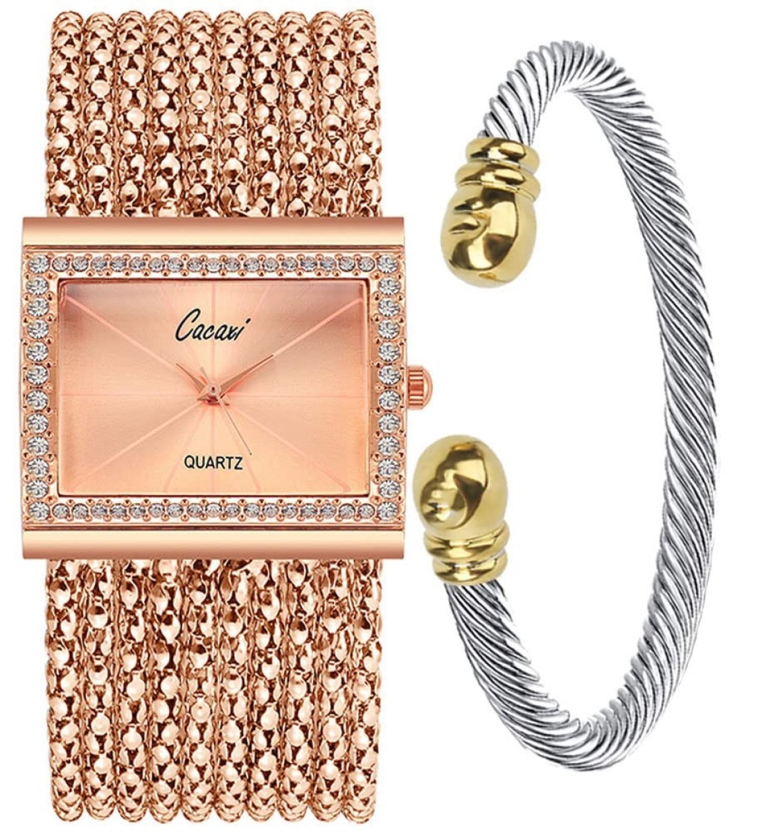 Gosasa Women&#39;s Gold Silver-Tone Multi-Chain Bracelet Watch Lady Female Dress Analog Quartz Wrist Watches with Cuff Bangle Stainless Steel Bracelets Set
