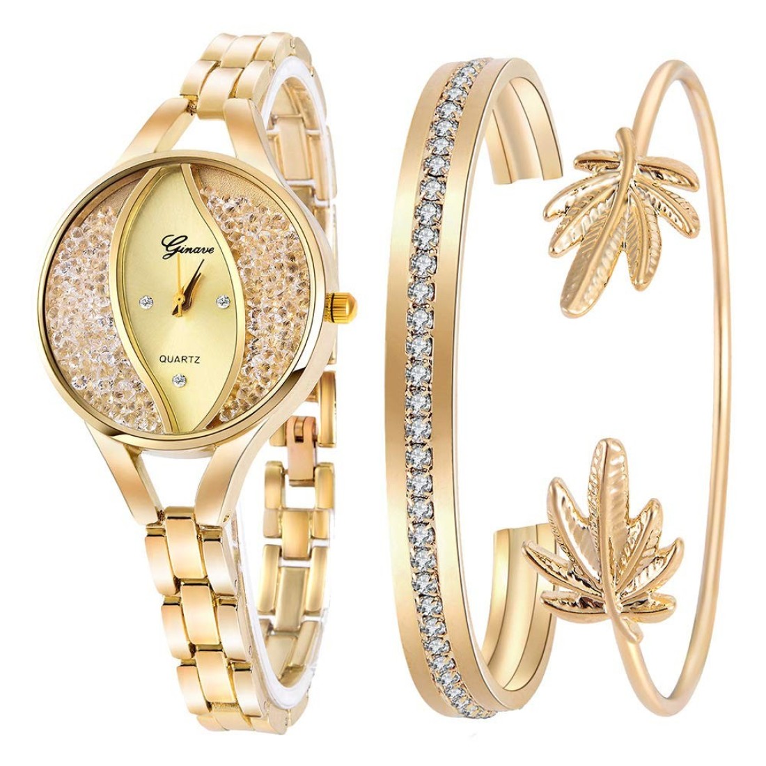 Weicam Women&#39;s Diamond Wristwatch Bangle Bracelet Jewelry Set Analog Quartz Wrist Watch for Ladies (Gold)