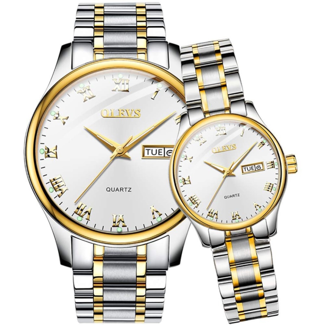 OLEVS Valentines Couple Pair Quartz Watches Luminous Calendar Date Window 3ATM Waterproof Casual Stainless Steel His and Hers Wristwatch for Men Women Lovers Wedding Romantic Gifts Set of 2