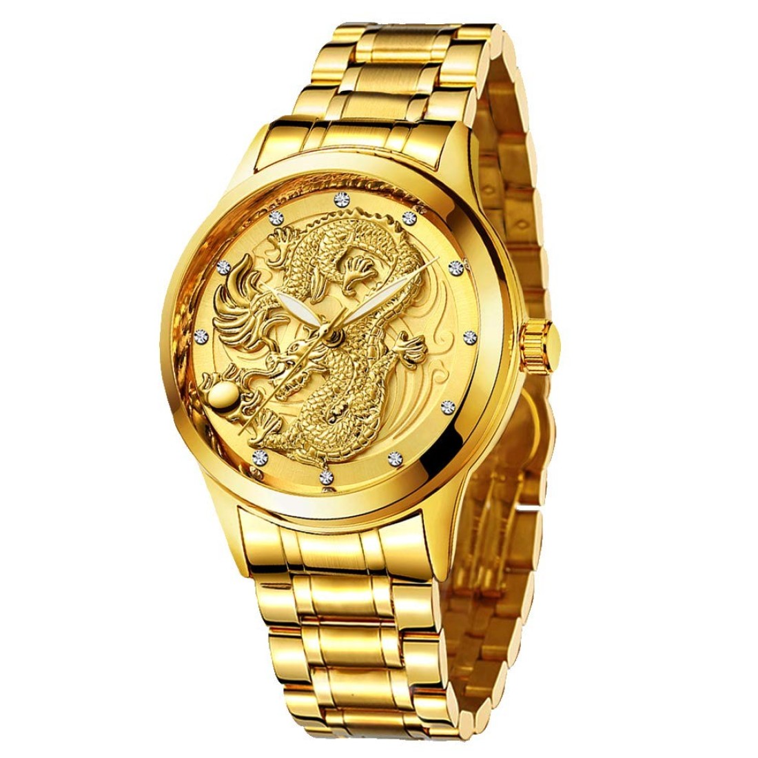 Udaney Mens Gold Dragon Watches Quartz Wristwatch for Father Husband Son with Dragon Necklace