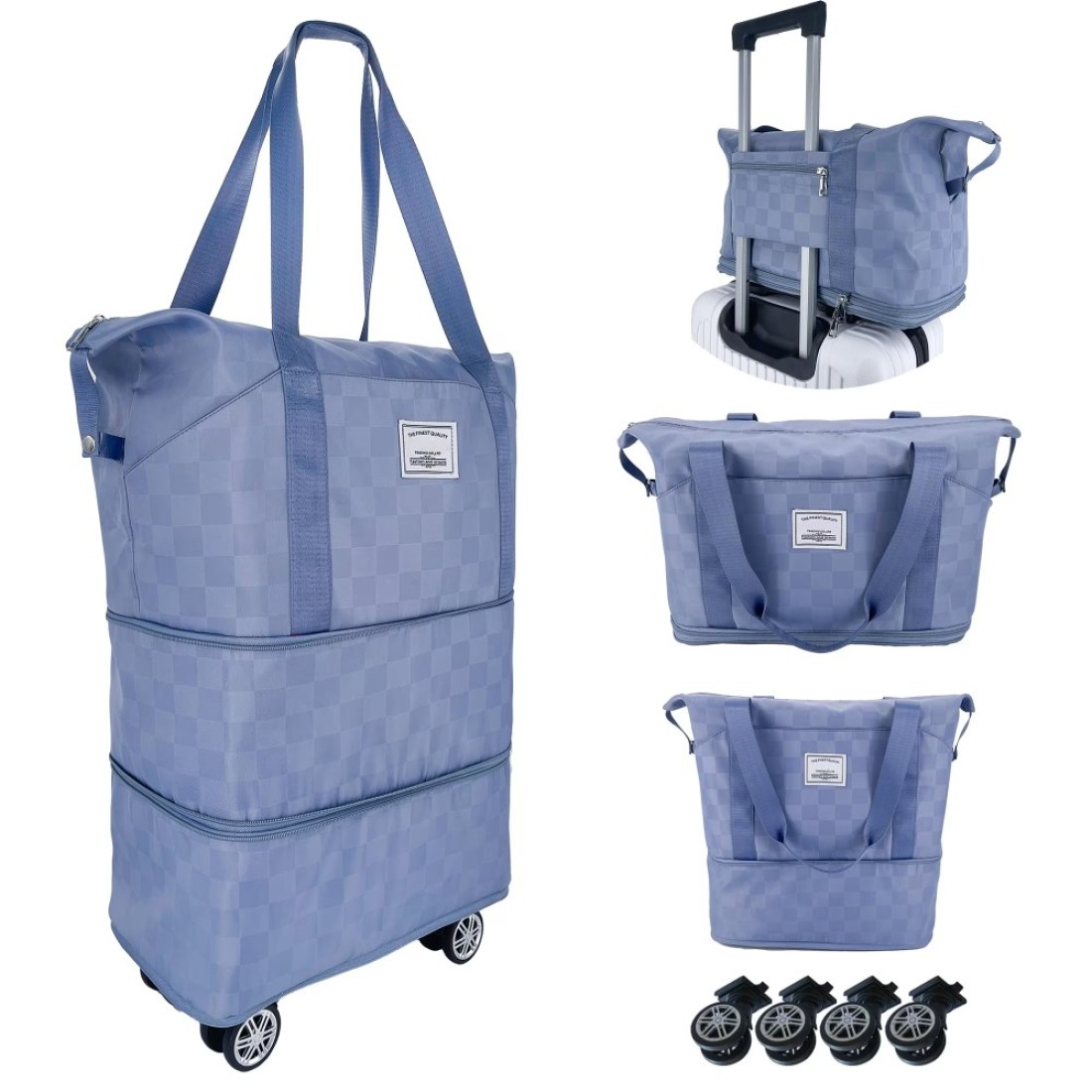 Drvoon Expandable foldable duffel bag suitcase, detachable rolling wheels,carry-on large duffel bag,luggage bag,suit gym,camping,travel or business trip,Gift for wife and parents-Checkerboard(BLUE)