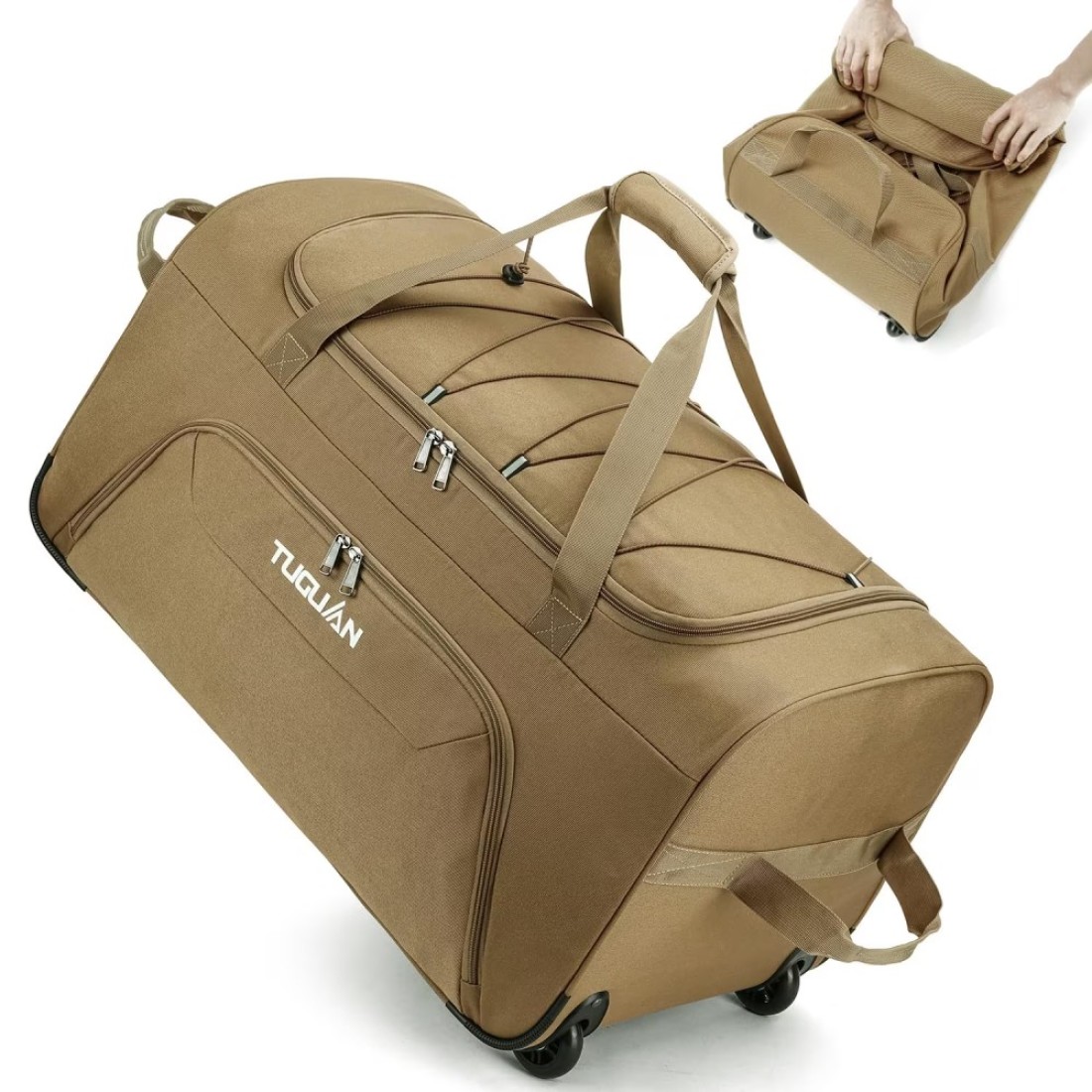 TUGUAN Carry on Luggage with Wheels, 110L Large Travel Rolling Foldable Suitcases, Check Luggage Bag, 28 inch Collapsible Luggage for House Moving, Duffel wheeled Storage Bag for Men, Brown