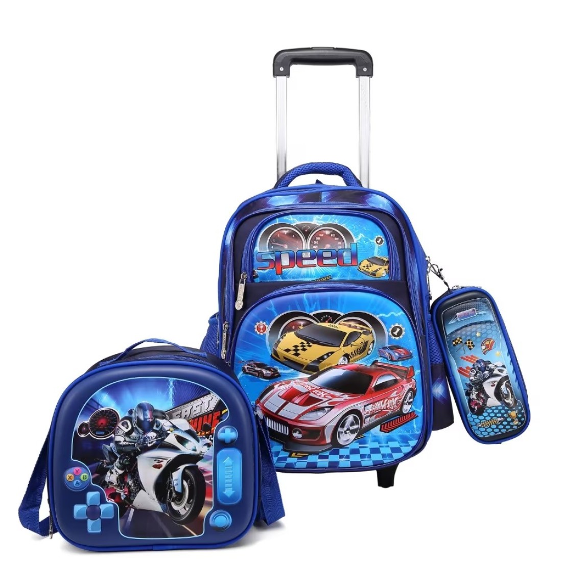 Baby Backpack 3Pcs For Baby Boys 1 lunch 1 Pencil Box And 1 Bag With Adjustable Strap For School 2 Wheels 12 Inch