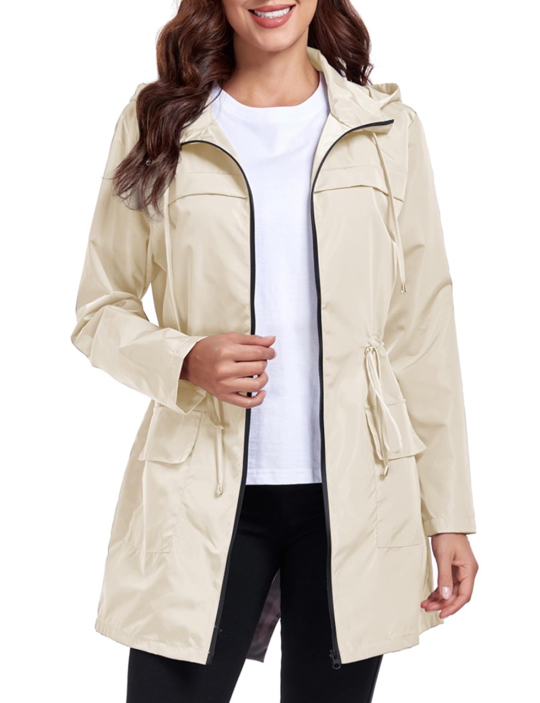 Qyuagle Packable Rain Jacket Women Waterproof Lightweight Raincoat with Hood for Hiking Outdoor Travel Beige S