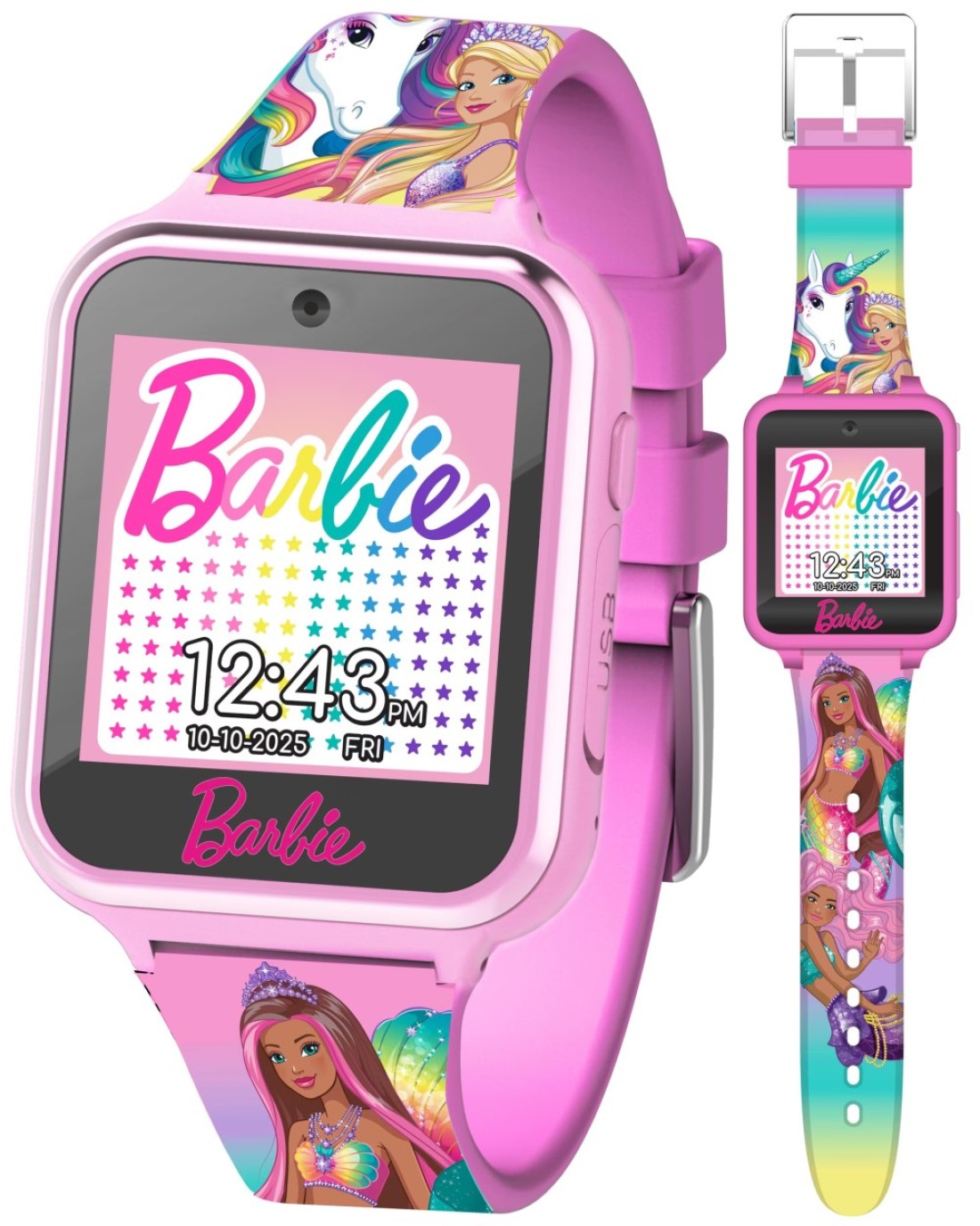 Barbie Kids Smartwatch - Interactive Fun with 10 Watch Faces, Camera, Games, Alarm, Step Tracker &amp; More - Stylish Gift for Girls with Printed Unicorn &amp; Mermaid Straps - Fits Wrists 5.5&#39;&#39; to 8.5&#39;&#39;