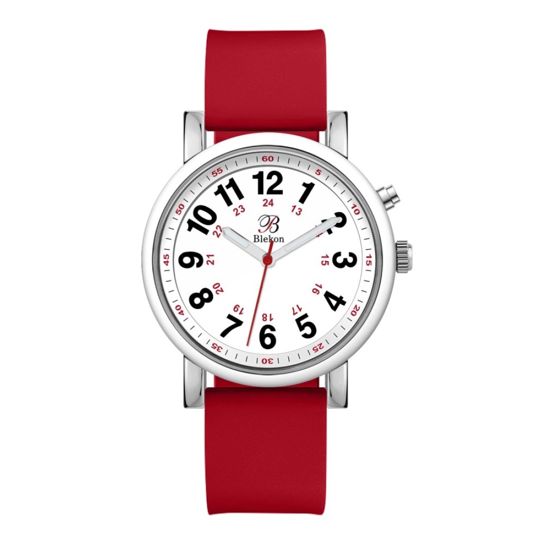 Blekon Original Light Up Dial Nurse Watch &ndash; Various Medical Scrub Colors, Easy to Read, Military Time with Second Hand, Silicone Band, Water Resistant Watch RED