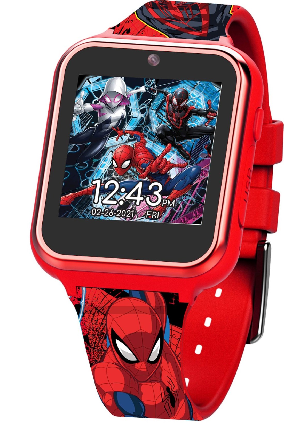 Accutime Kids Marvel SpiderMan Red Educational Touchscreen Smart Watch Toy for Boys Girls Toddlers Selfie Cam Learning Games Alarm Calculator Pedometer and More Model SPD4667AZ
