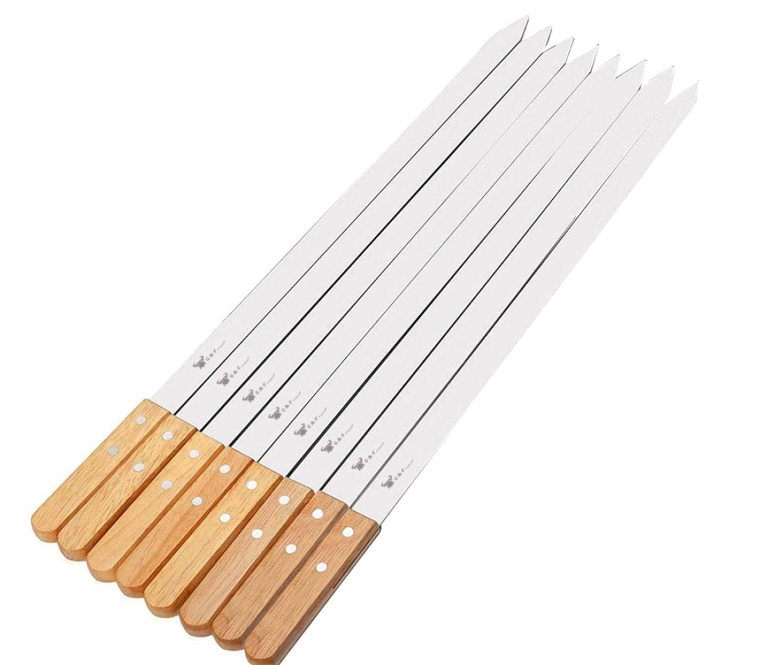 G &amp; F Products BBQ Skewers, 23&quot; x 5/8&quot; Stainless Steel Flat Metal Skewers with Wooden Handles, Heavy-Duty 8-Piece Set with Camouflage Carry Bag for Grilling Meat, Vegetables, and Outdoor Cooking